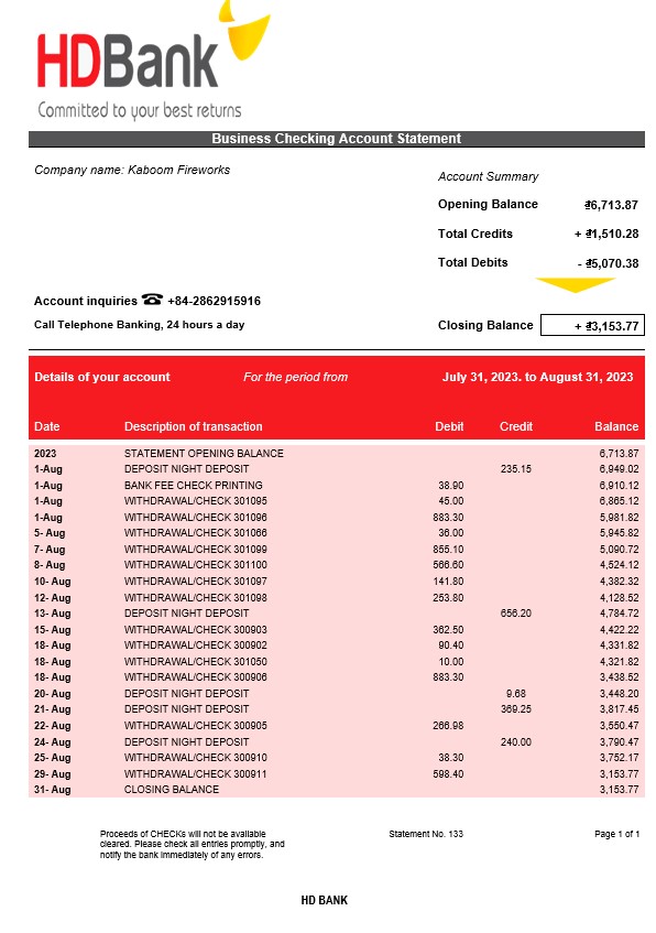 Modèle Word et PDF de relevé de compte d'entreprise HD Bank